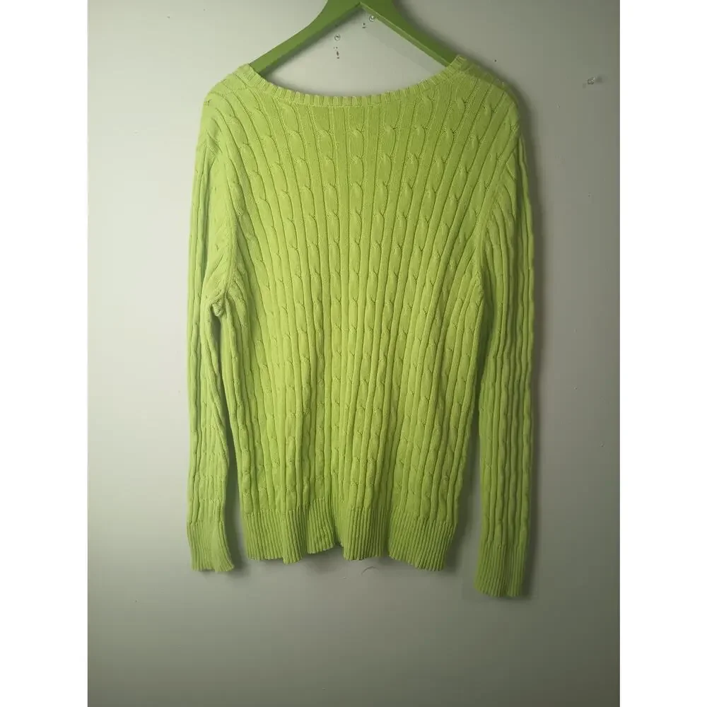 Vtg Green Cable‎ Knit Tennis Sweater Women's St John's Bay V Neck Pull over 1X